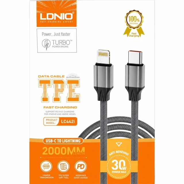 کابل تایپ سی به لایتنینگ الدنیو LDNIO مدل LC442i 30 وات دو متری